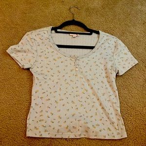 Coral and Blue Floral Button T-Shirt